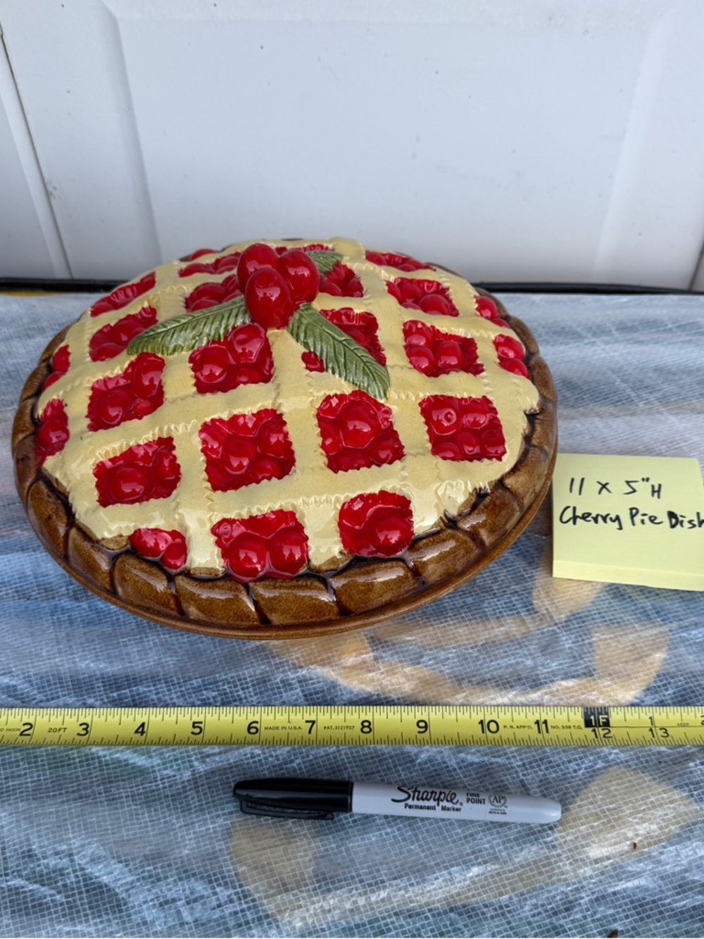 Ceramic Cherry Pie Dish vs lid Cover - Red and Cream antique 11"x5"